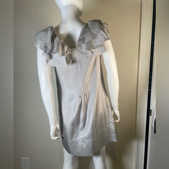 Floreat Anthropologie Gray Silver Silk Ruffle Sleeve Shift Dress Sz 4 Pintuck. - Picture 6 of 15